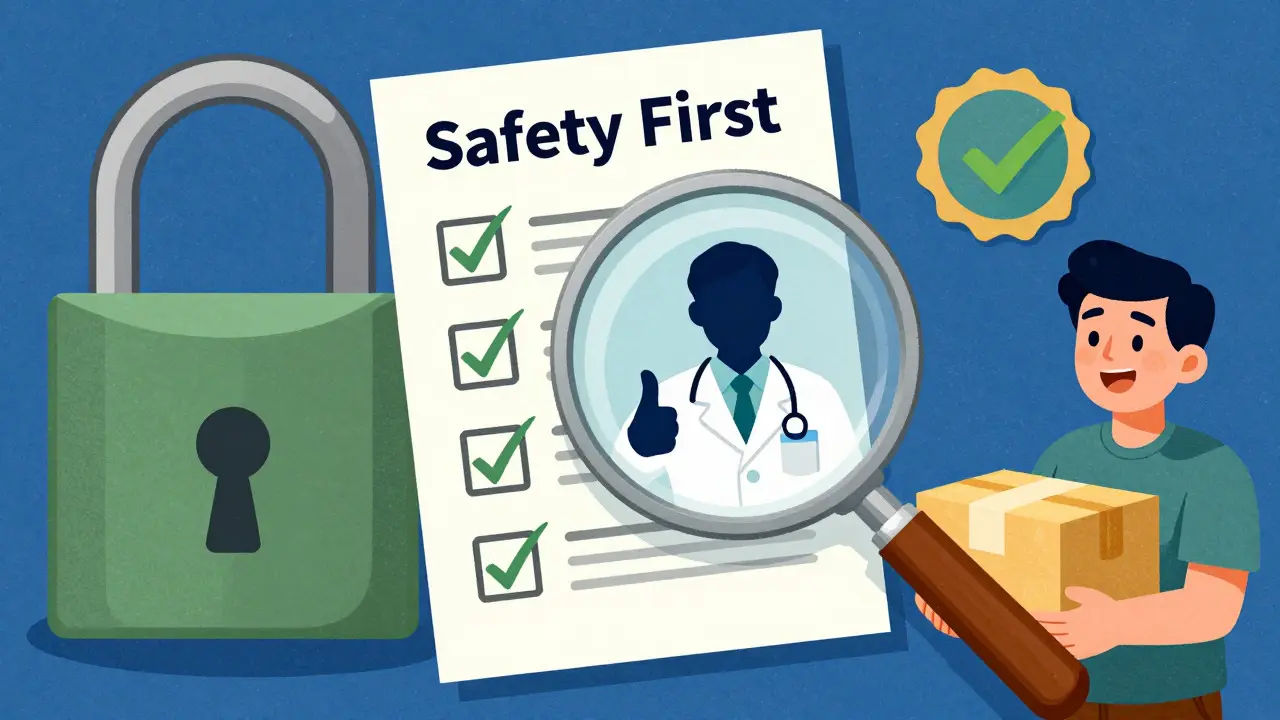 Magnifying glass checking safety seals on online pharmacy