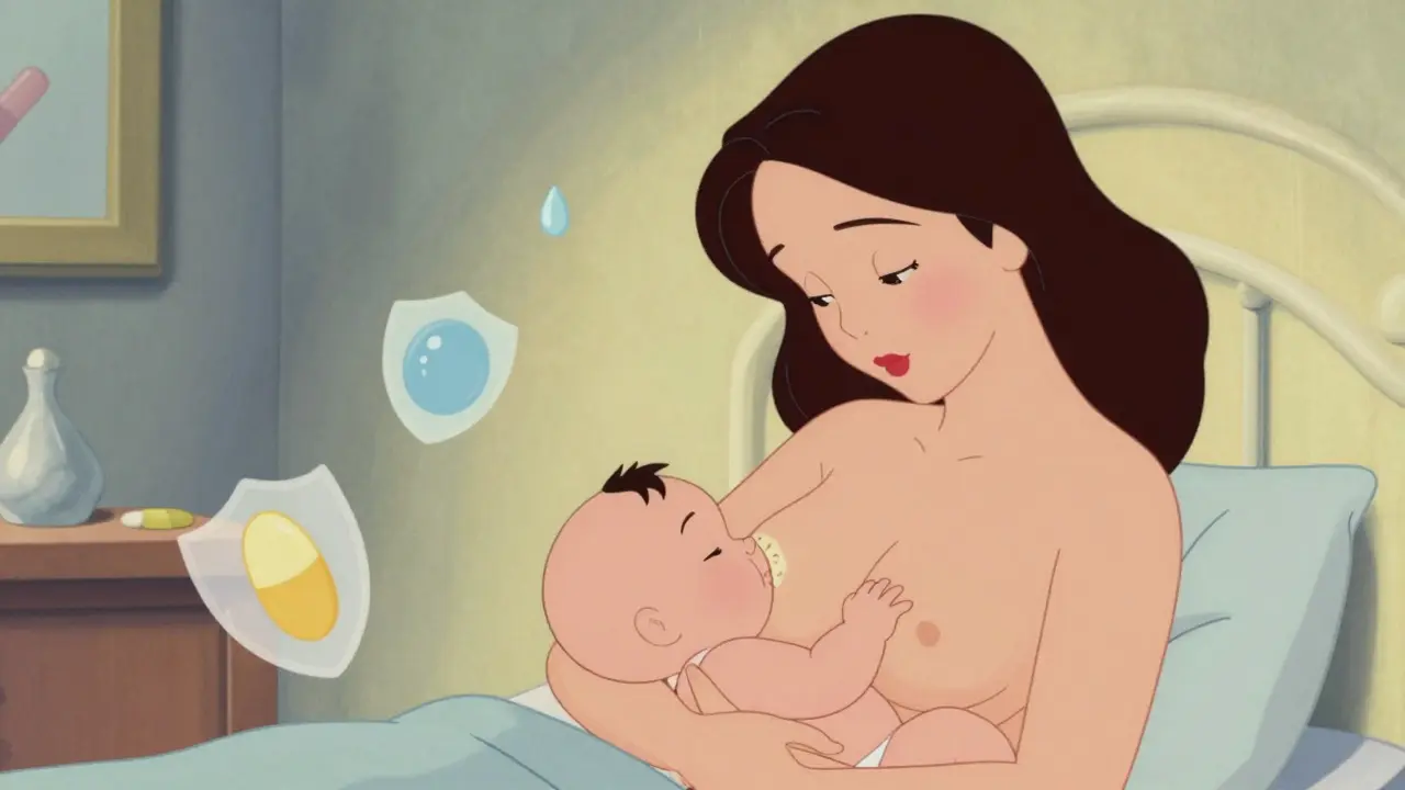Mother breastfeeding baby in cozy nursery with abstract safety symbols