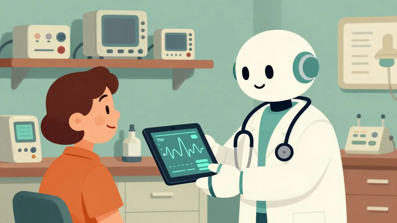 Retro cartoon of new tech improving thyroid diagnosis