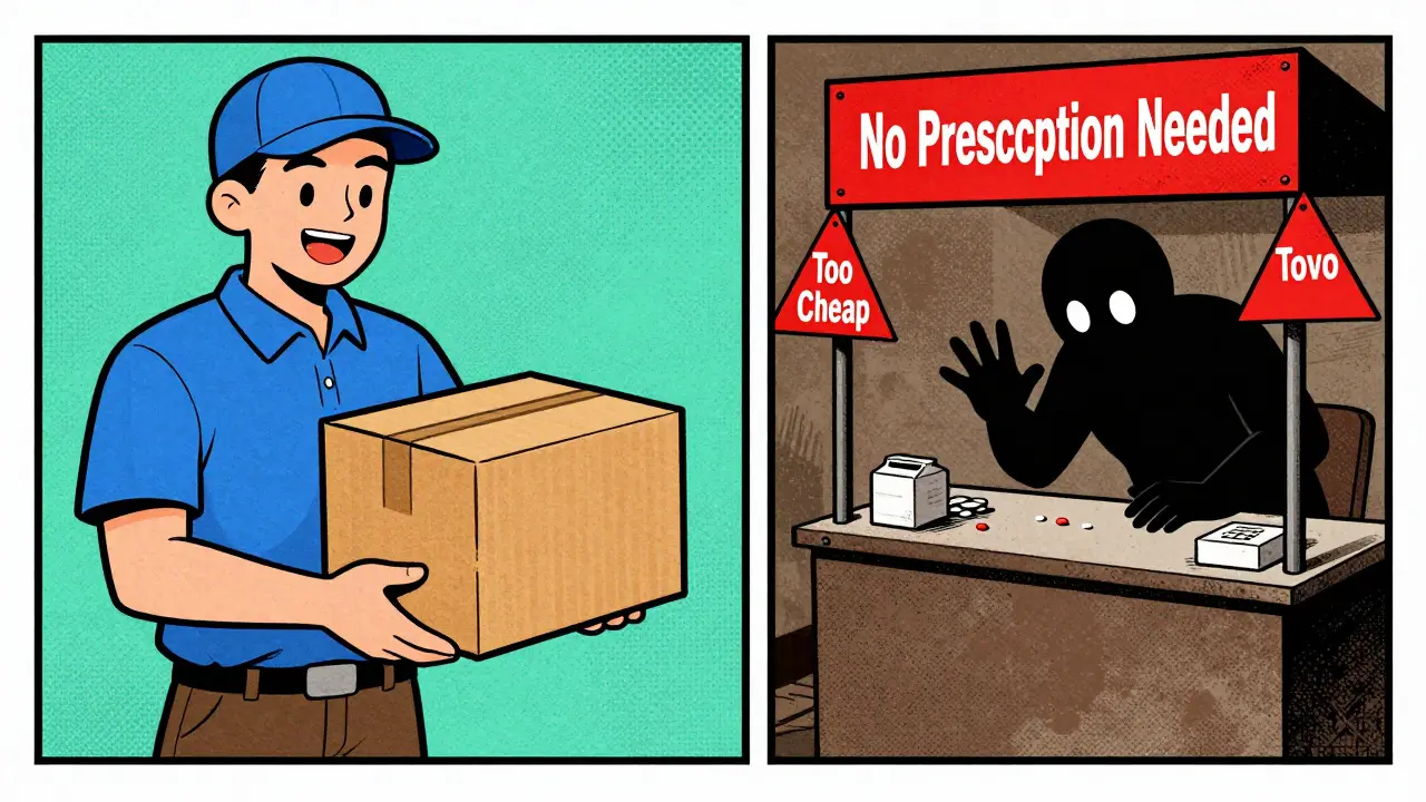 Safe medication delivery vs shady scammer in retro illustration