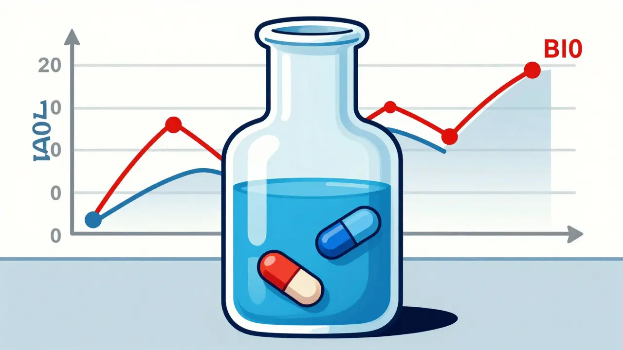 Scientific diagram showing bioequivalence of two dissolving pills