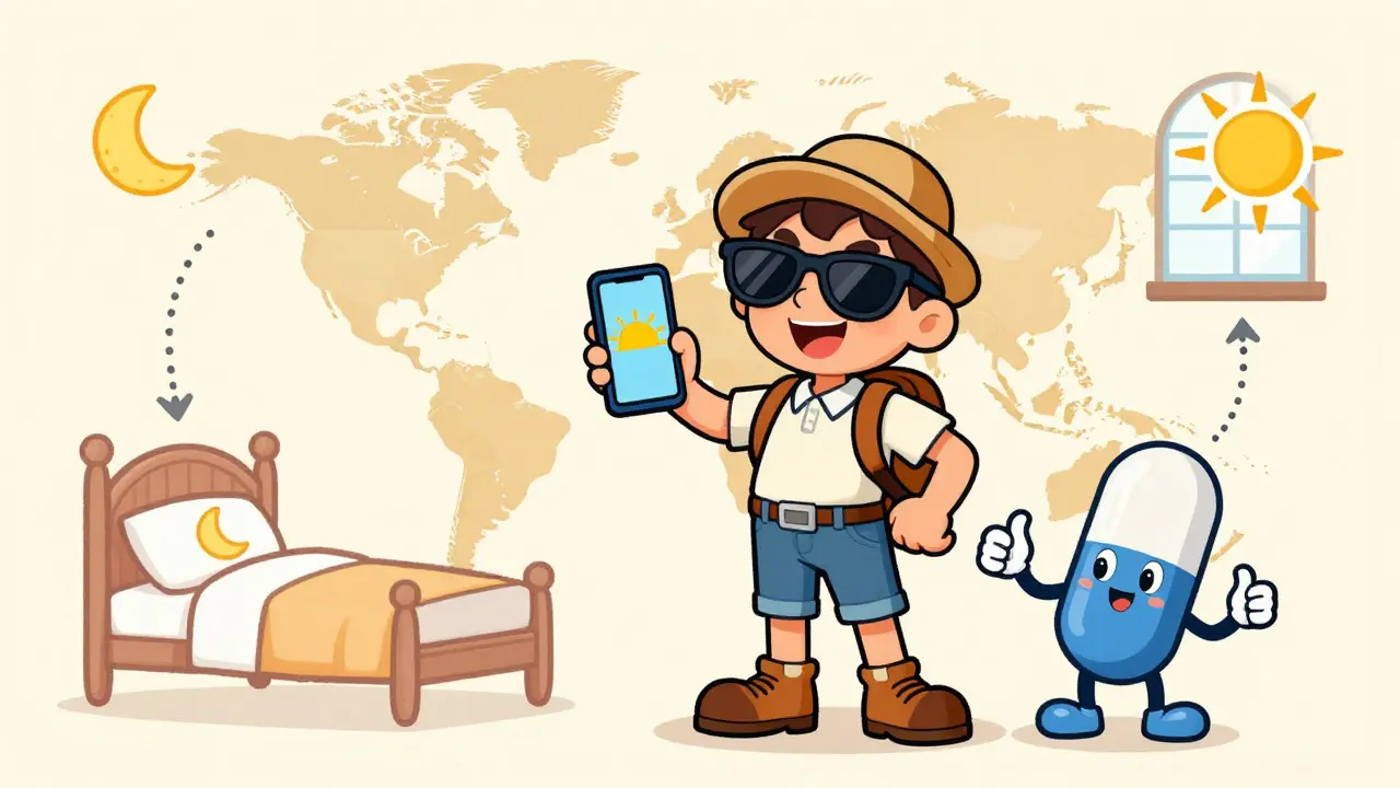 Traveler using light exposure and melatonin to reset body clock