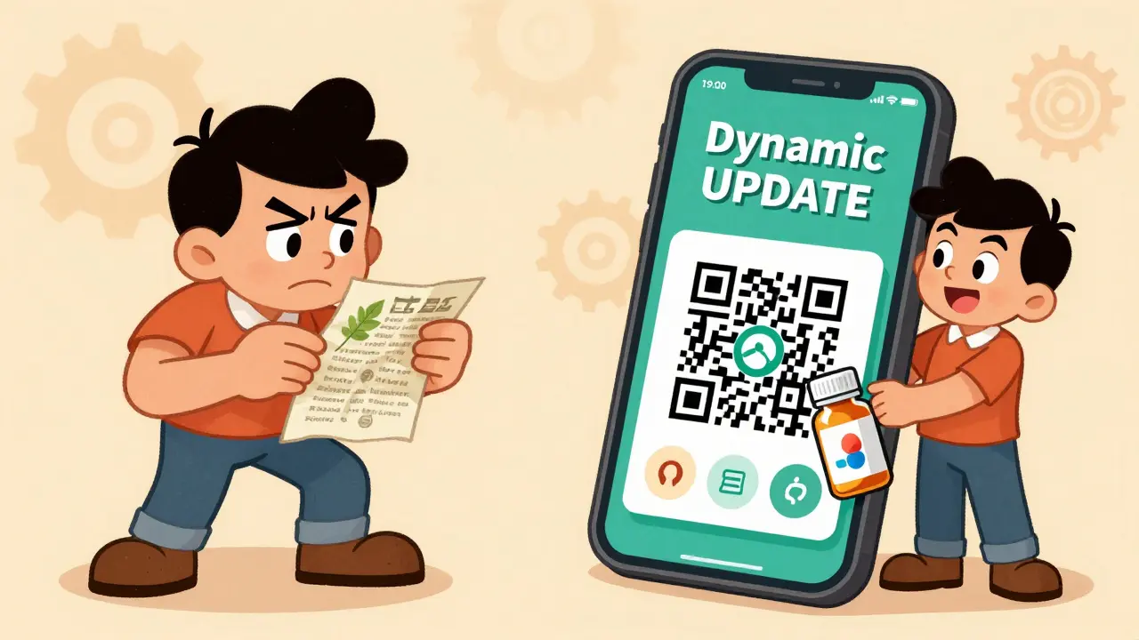 Vintage cartoon comparing crumpled paper leaflet vs digital QR code
