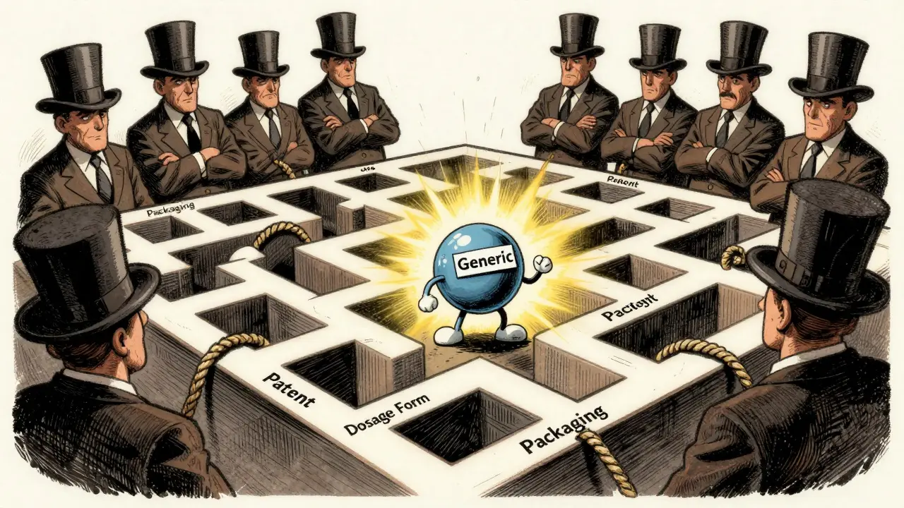 Vintage cartoon of generic drug navigating a tangled patent maze blocked by brand name executives.