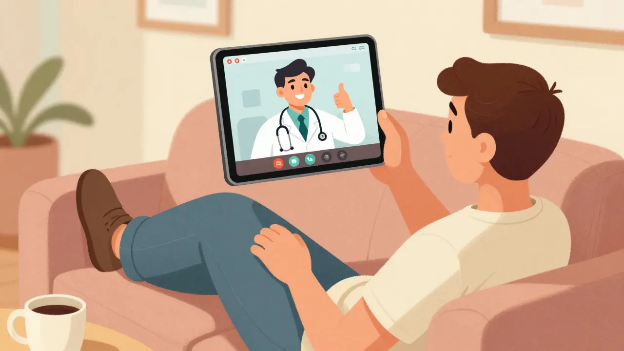 Vintage cartoon of person using telehealth service for medical consultation