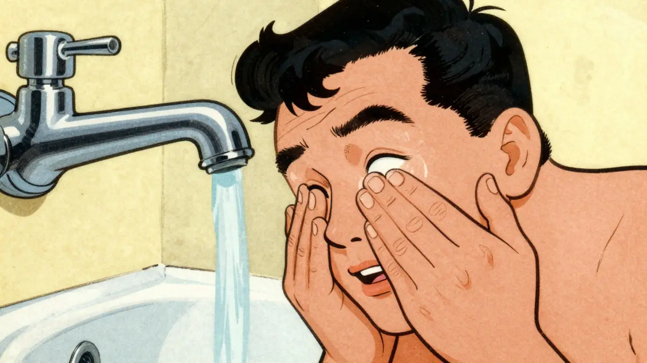 Vintage illustration of proper eye flushing technique at sink