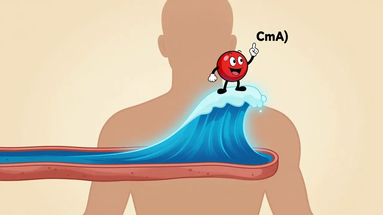 A cartoon drug molecule riding a blue wave inside a blood vessel to show peak concentration.
