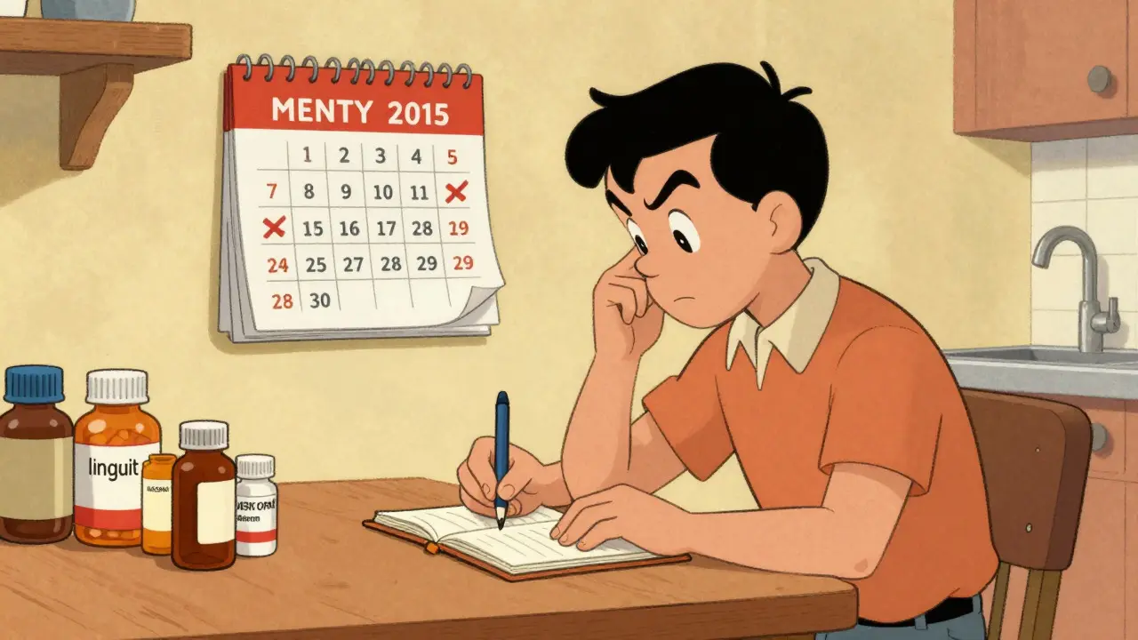 A patient organizing their medication and symptom notes before a doctor's visit in cartoon style