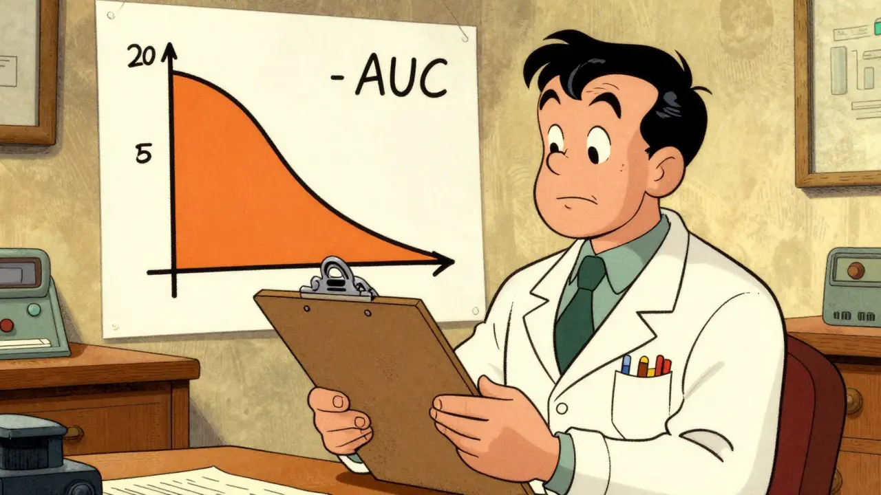 A vintage cartoon scientist pointing to an orange-filled graph area representing total drug exposure.