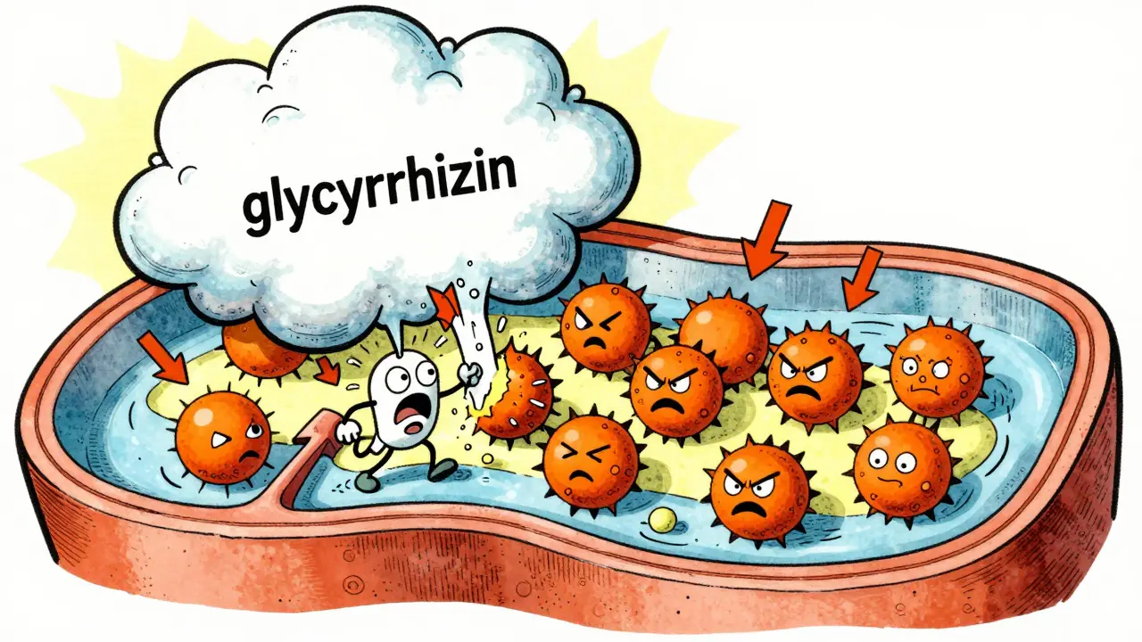 Cartoon cells showing glycyrrhizin blocking enzymes causing imbalance