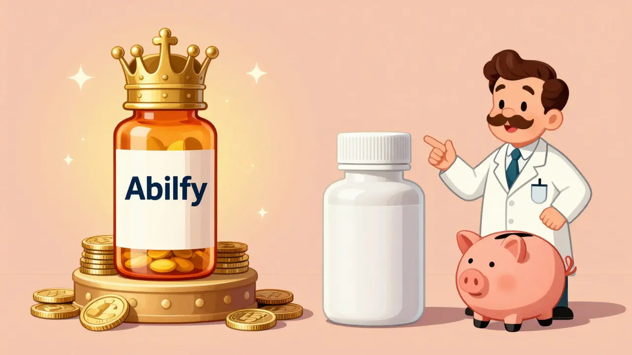 Cartoon comparing expensive brand drug vs cheap generic option