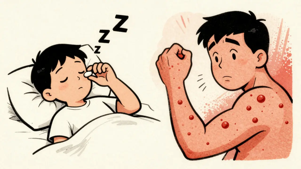 Cartoon comparison of a mild side effect versus a severe allergic reaction in a person