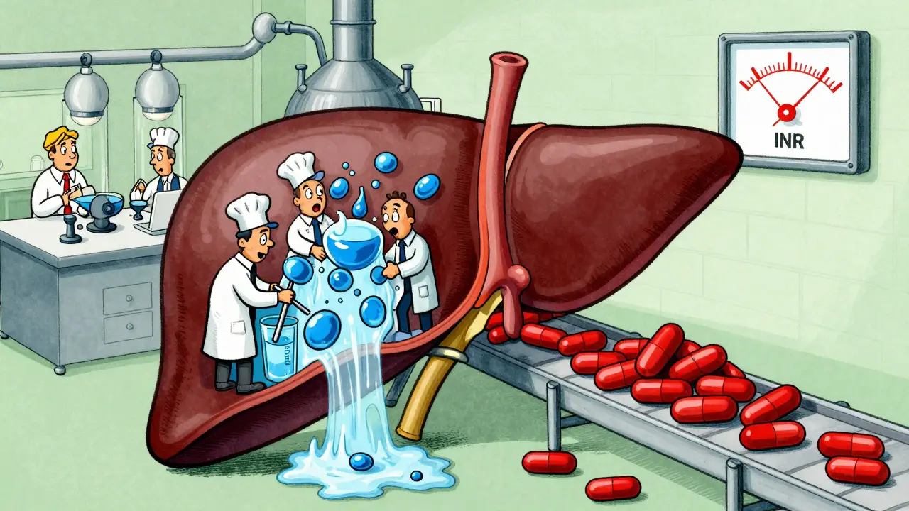 Cartoon liver enzymes overwhelmed by alcohol and warfarin