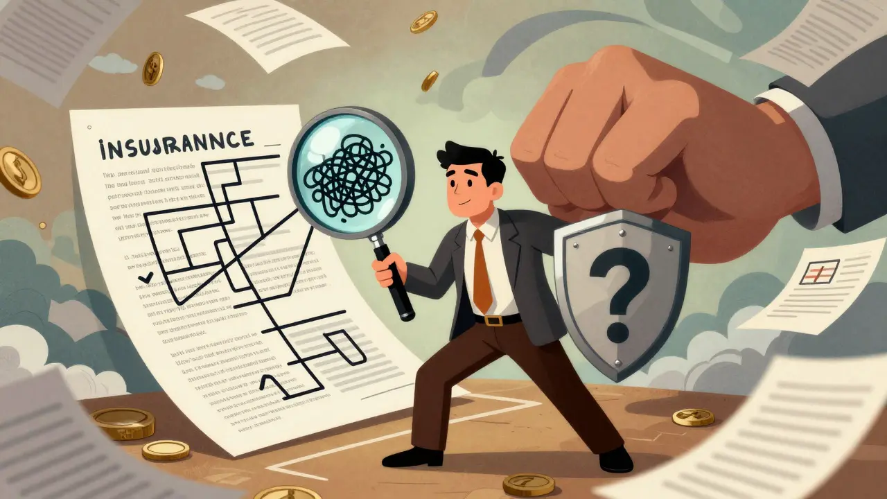 Cartoon of a patient using a magnifying glass to navigate insurance paperwork