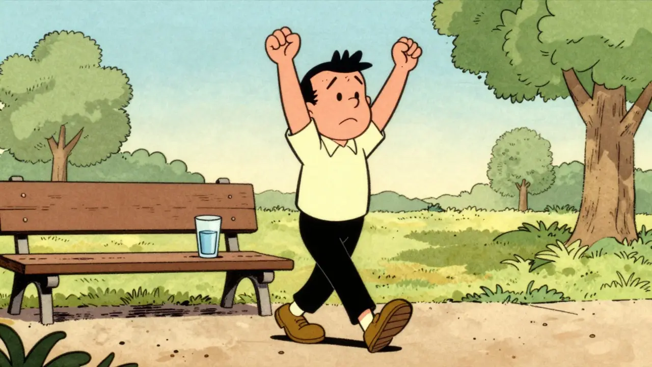 Cartoon of a person walking in sunlight with water, feeling refreshed