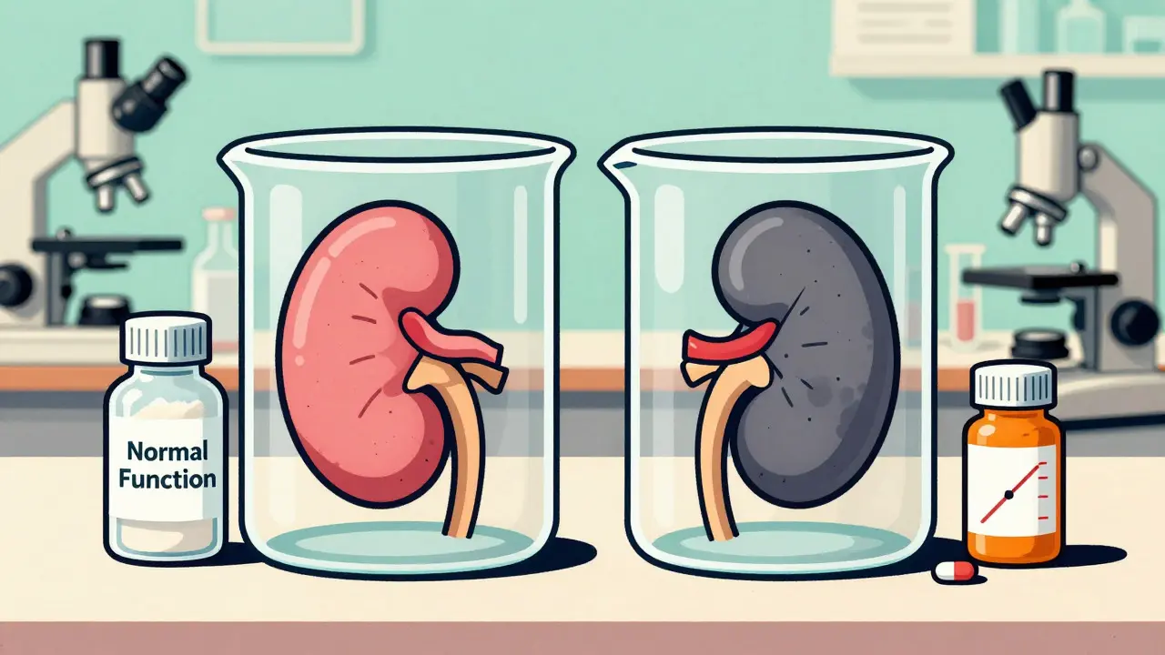 Comparison of healthy vs damaged kidneys in lab beakers