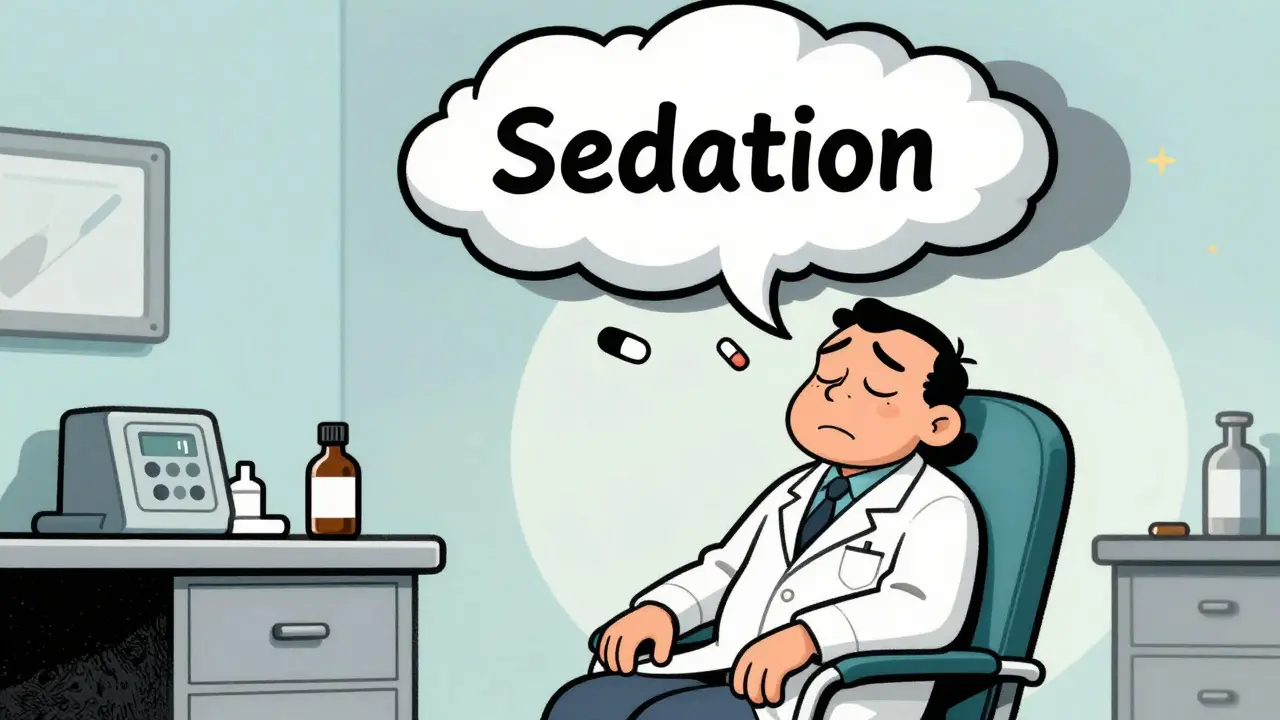 Drowsy patient under sedation cloud with pills
