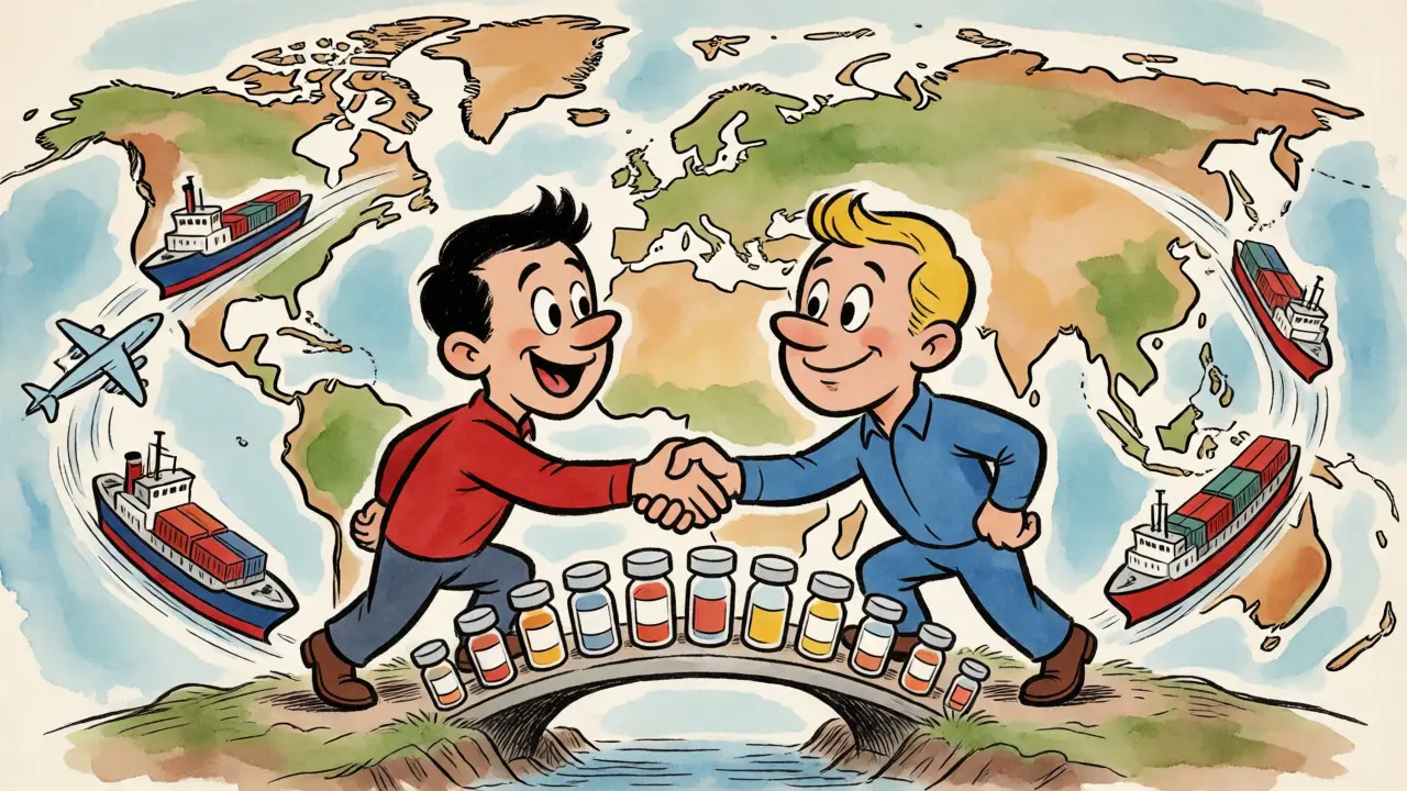 Global handshake over a bridge of medicines symbolizing supply chains