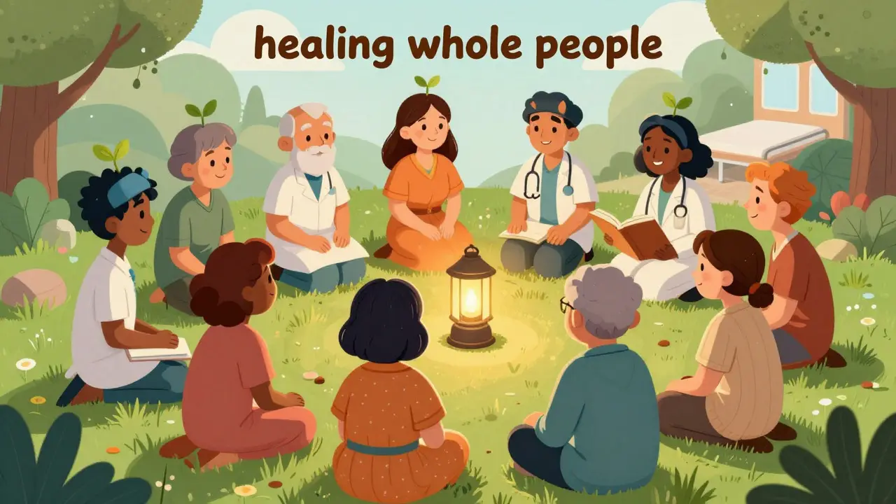 Group sharing stories around a glowing lantern in a hospital garden