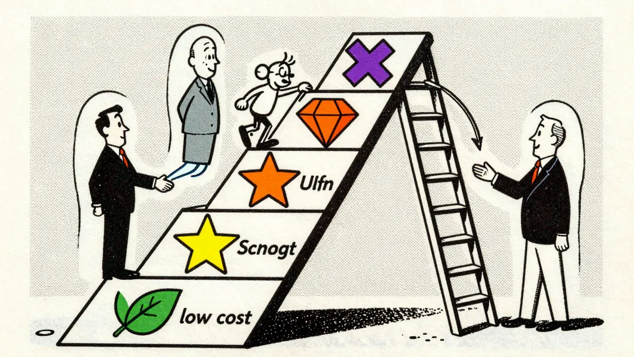 Illustration of a ladder representing insurance tiers with a climbing character
