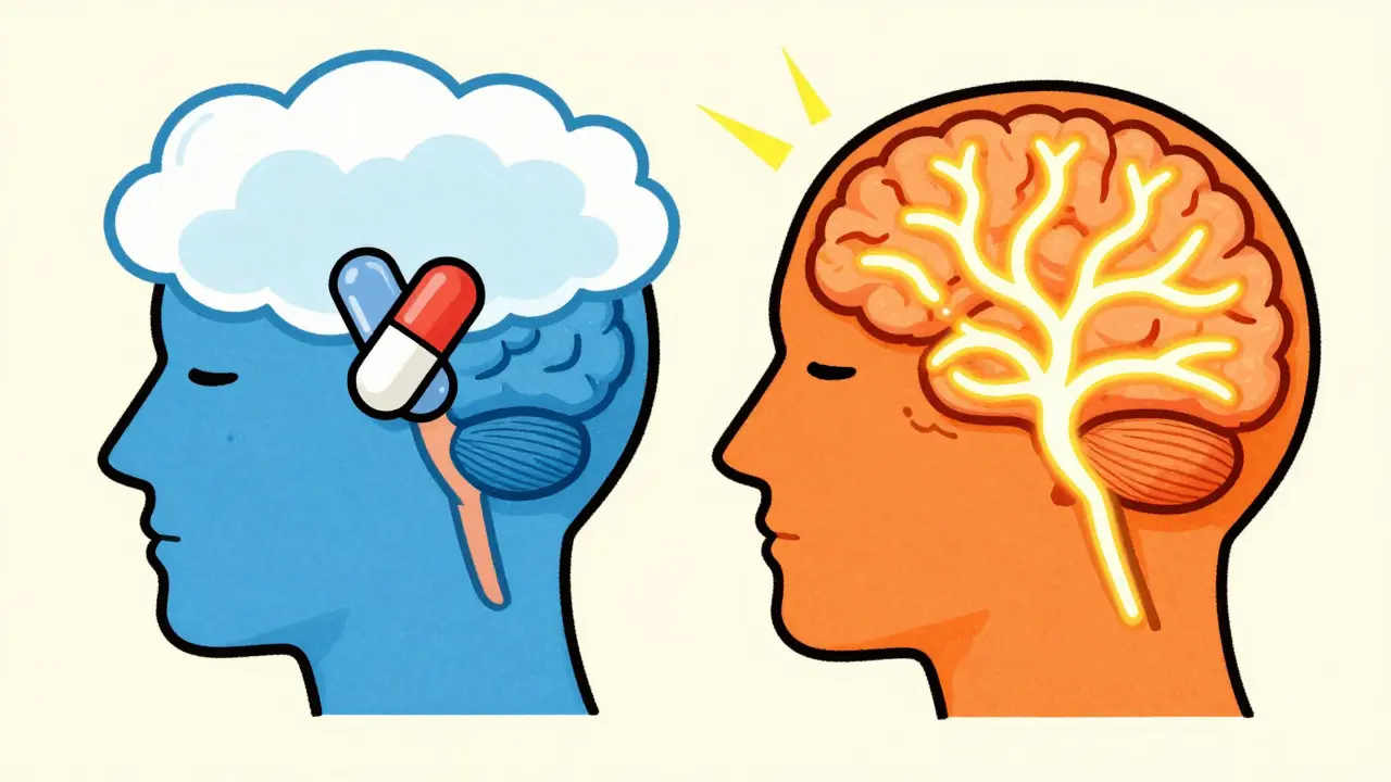 Illustration of brain chemistry showing conflicting sleep and alert signals