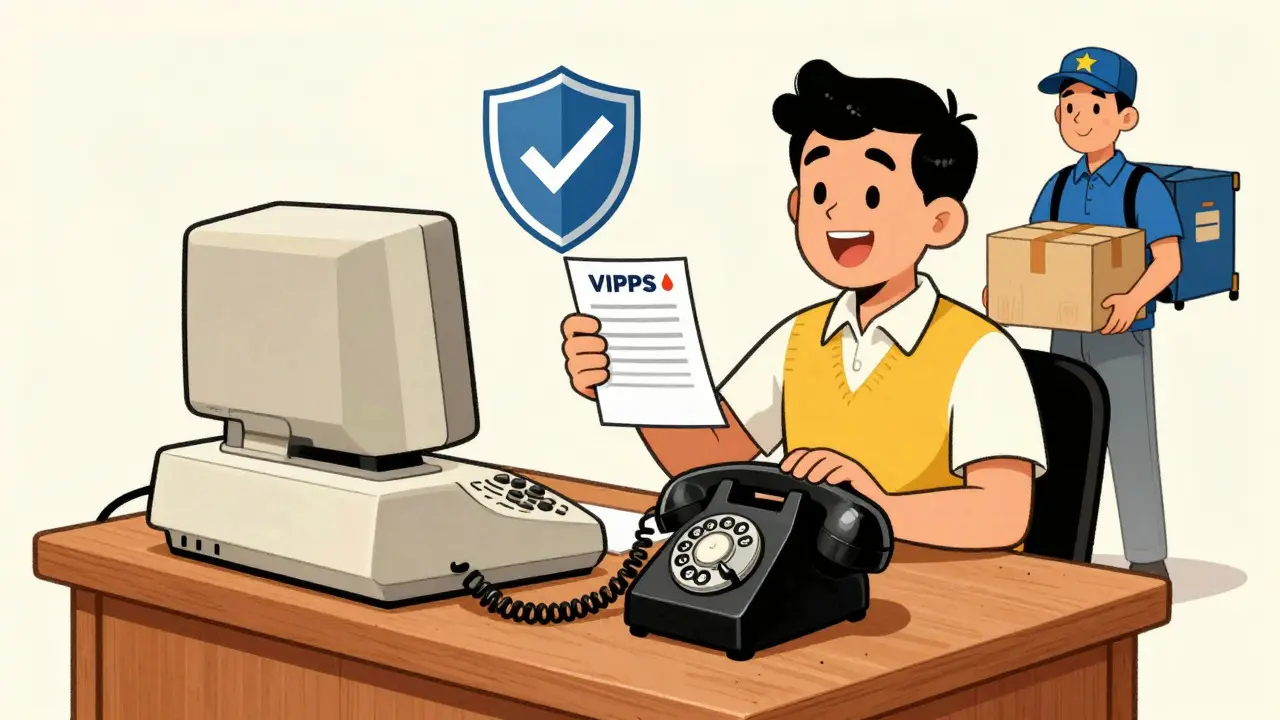 Illustration of safe online pharmacy order with verification shield
