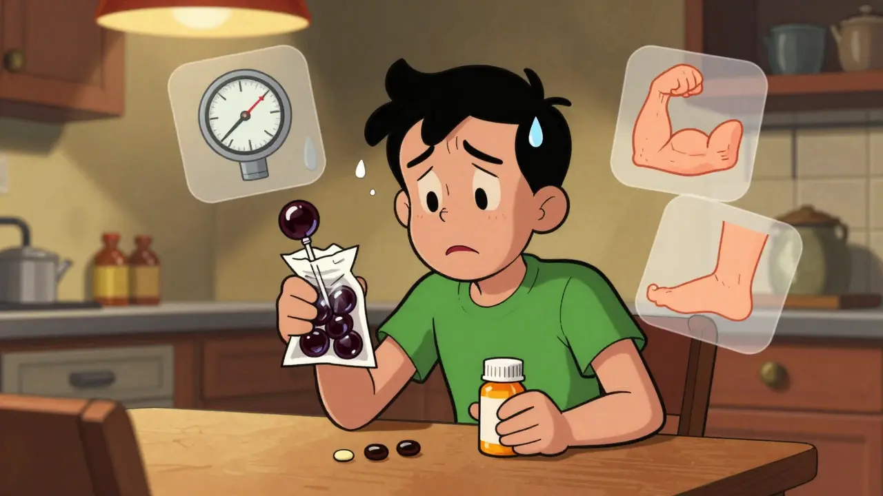 Person holding licorice and pills looking worried about health effects