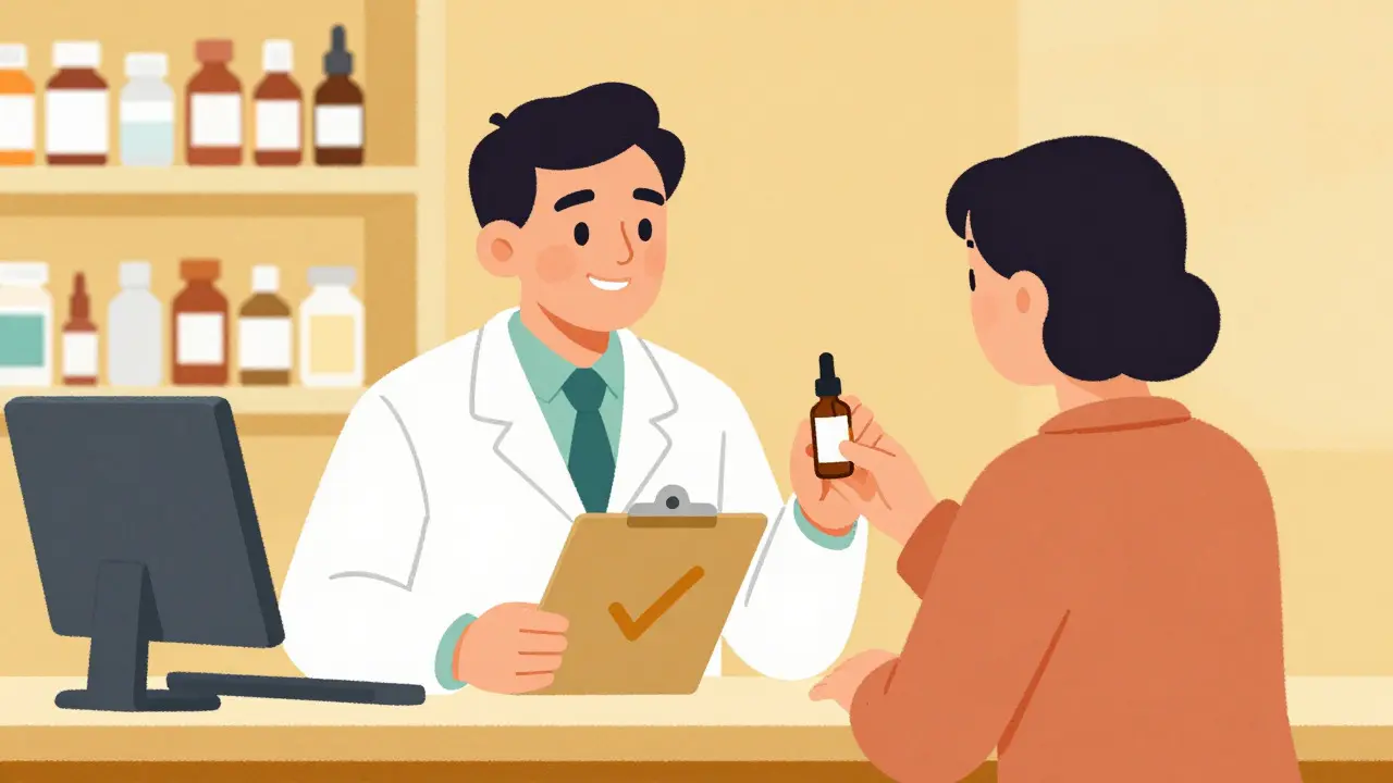 Pharmacist advising patient on CBD oil safety