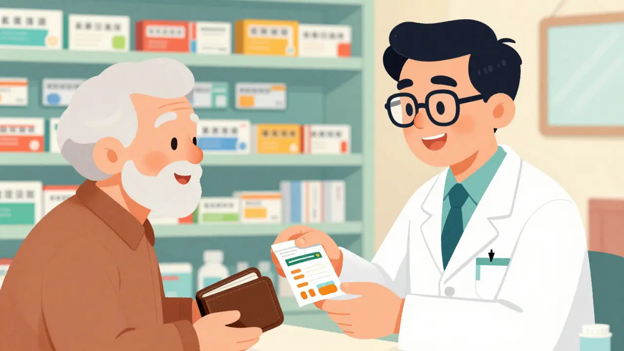 Retro illustration of a pharmacist helping a patient save money on generics.