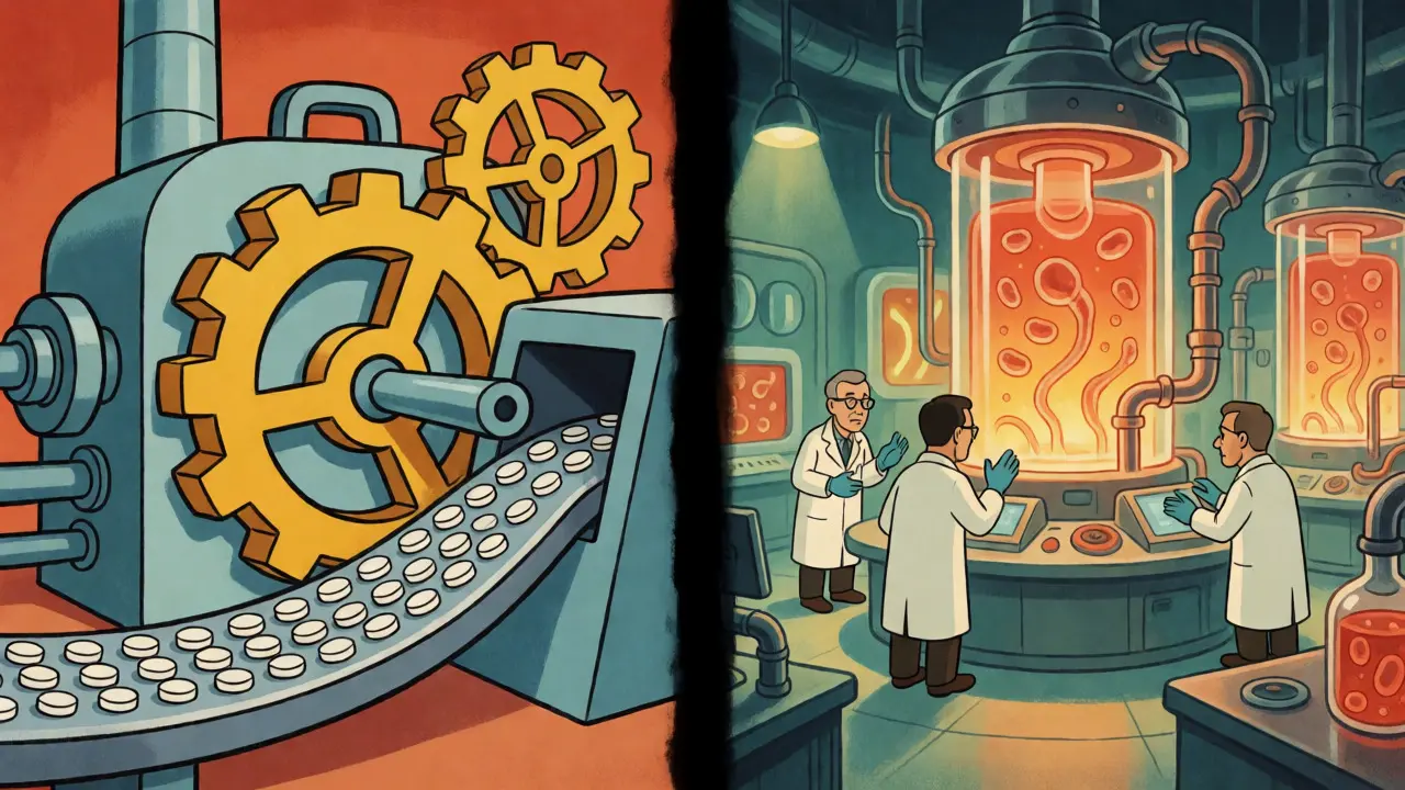 Split view comparing simple pill factory with complex bioreactor lab