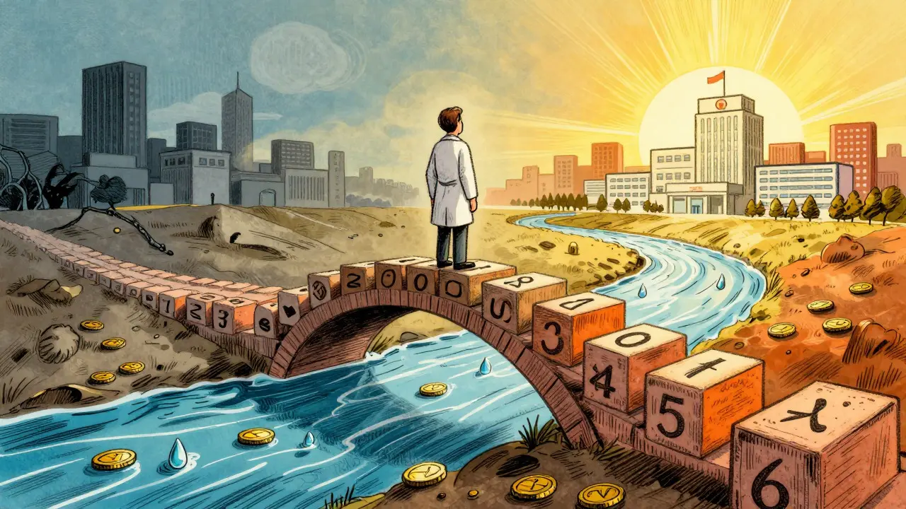 Vintage cartoon of a bridge leading to a bright future with healthcare savings