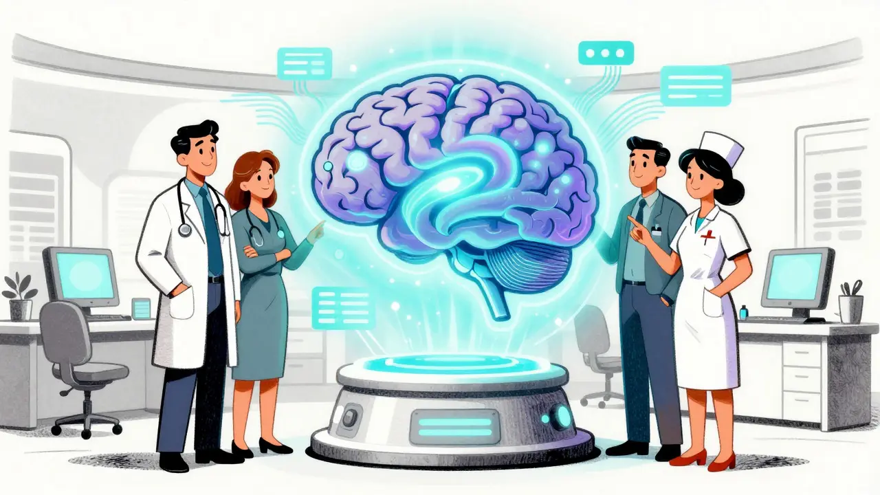 Vintage cartoon showing doctors using AI tools to improve medication decisions.