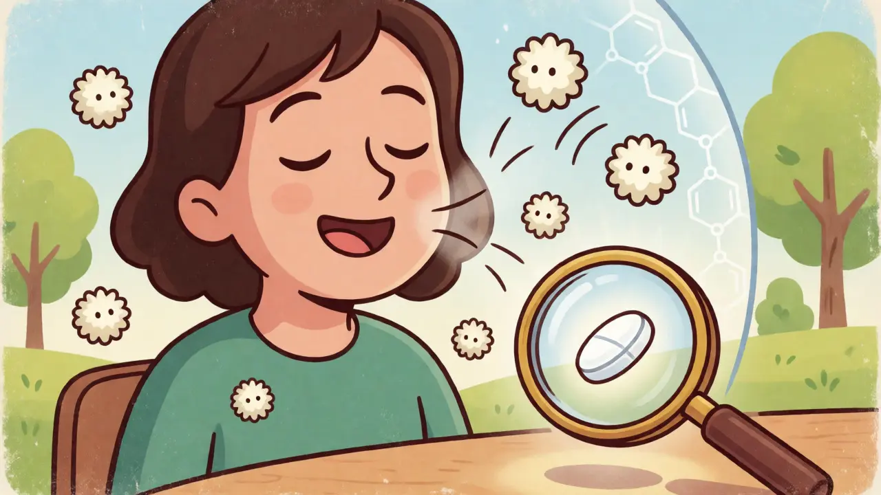 Happy person breathing easily behind a protective shield while pollen bounces off harmlessly.