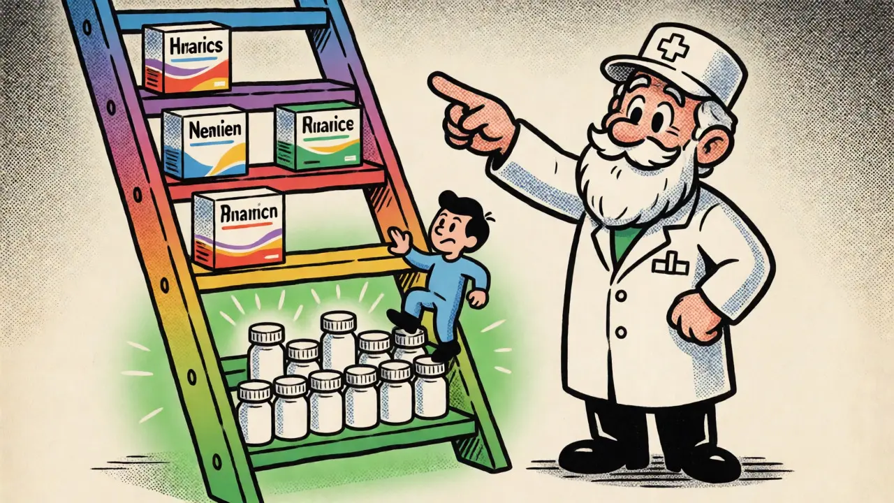 Pharmacist illustrating drug tiers with a ladder where generics are easier to reach.