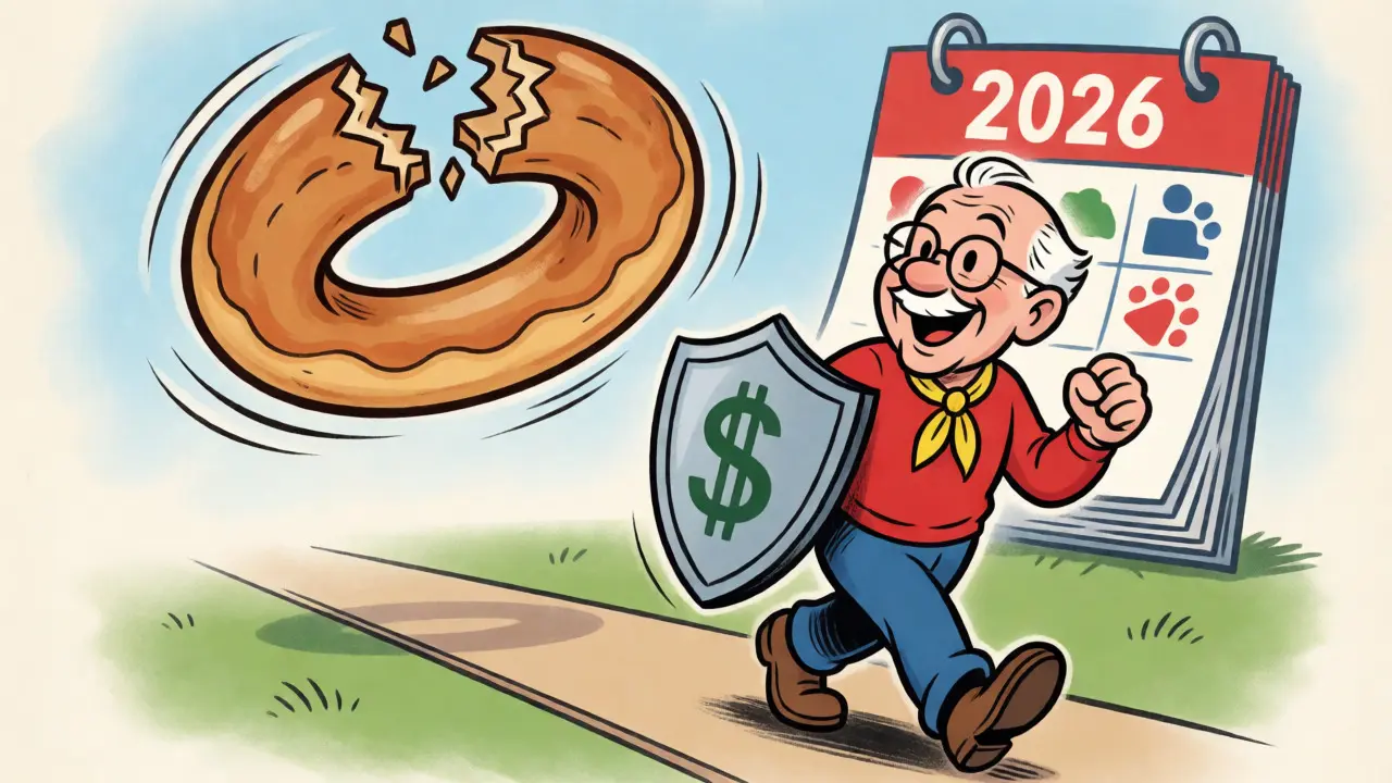 Senior citizen walking safely past a broken donut hole toward a financial safety cap.