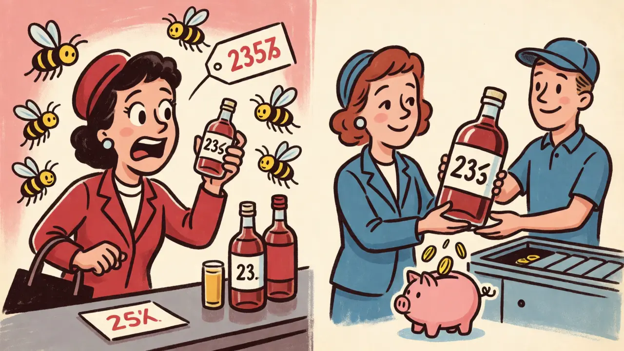 Split-screen cartoon comparing expensive small purchases with affordable bulk buying savings.